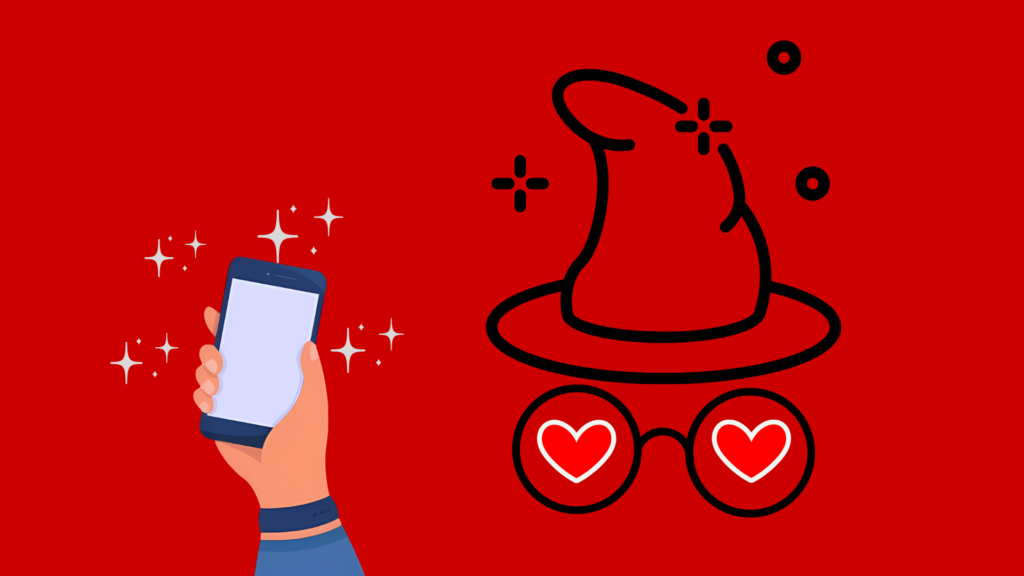 Hand holding a smartphone with a wizard hat and glasses icon on a red background